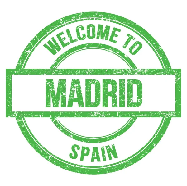 Madrid Hoşgeldiniz Spain Yeşil Yuvarlak Basit Pulla Yazılmış Kelimeler — Stok fotoğraf
