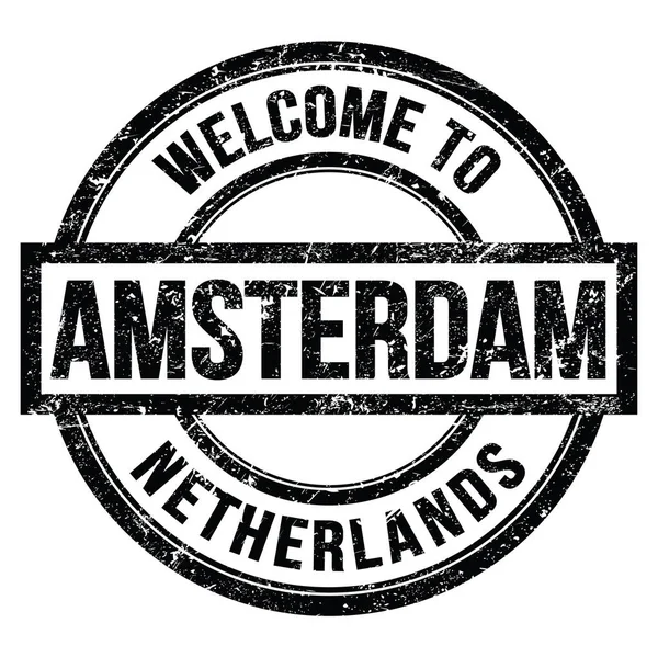 Велькомі Амстердам Нетерланди Слова Написані Чорних Круглих Простих Марках — стокове фото