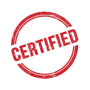 Kırmızı grungy vintage yuvarlak damgalı CERTIED metin.