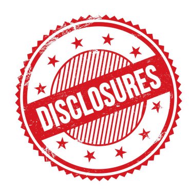 Kırmızı grungy zig zag kenarları yuvarlak mühür üzerine yazılmış DisCLOSURES metni.