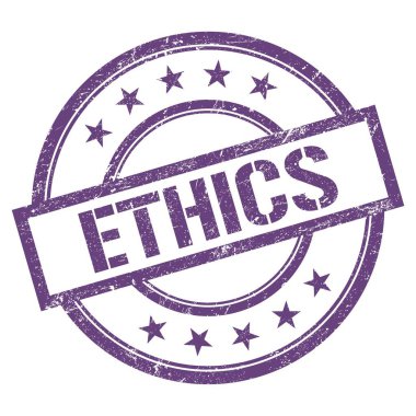 Mor menekşe üzerine yazılmış ETHICS metni eski model lastik damga.