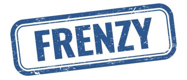 Mavi grungy vintage dikdörtgen damgalı FRENZY metin.