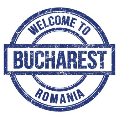 BUCHAREST 'a Hoşgeldiniz - ROMANIA, mavi yuvarlak basit damga üzerine yazılmış kelimeler