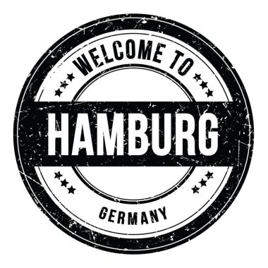 HAMBURG 'a Hoşgeldiniz - ALMANY, siyah yuvarlak bozuk para damgası üzerine yazılmış kelimeler