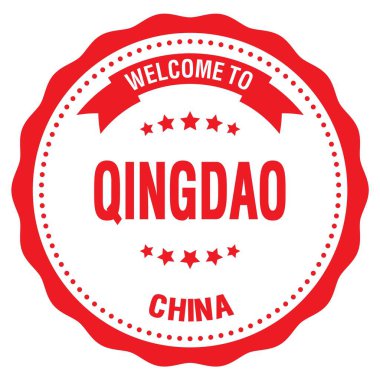 QINGDAO-CHINA 'ya hoşgeldiniz, kırmızı yuvarlak rozet damgası üzerine yazılmış kelimeler.