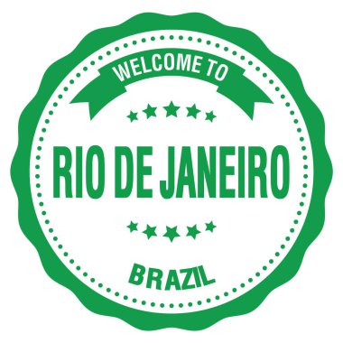 Rio de Janeiro 'ya hoş geldiniz. - BREZİL, yeşil yuvarlak rozet damgası üzerine yazılmış kelimeler.