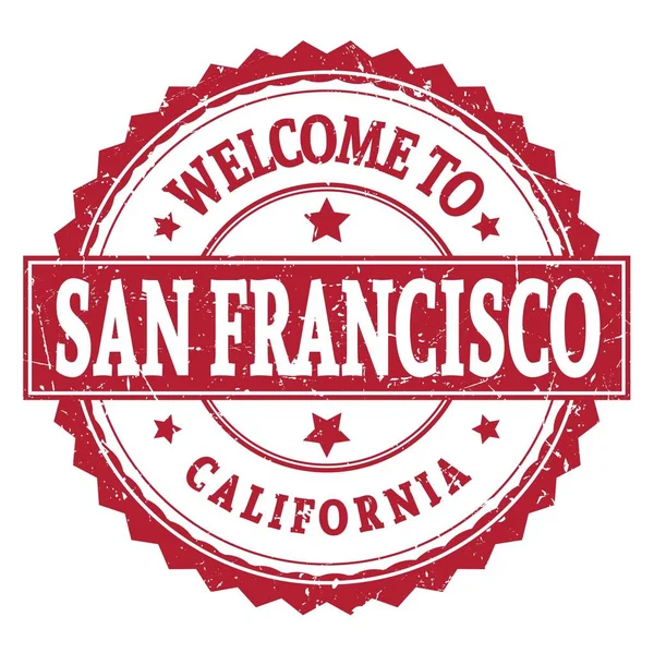 サンフランシスコへようこそ カリフォルニア 赤丸ジグザグスタンプに書かれた言葉 — ストック写真