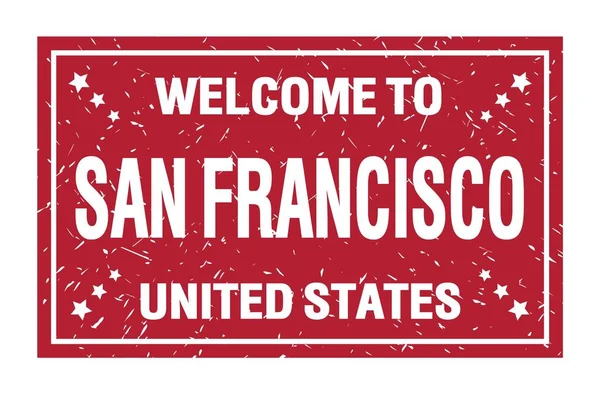 サンフランシスコへようこそ アメリカ合衆国 ワードは赤の四角形の旗切手 — ストック写真