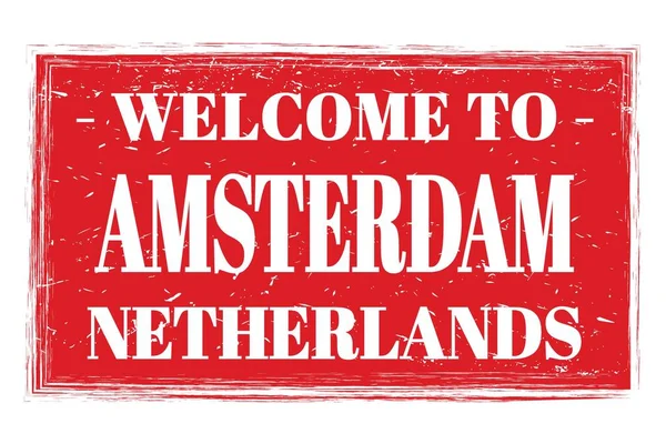 Üdvözli Amsterdam Hollandia Szavak Írt Fény Piros Téglalap Post Bélyeg — Stock Fotó