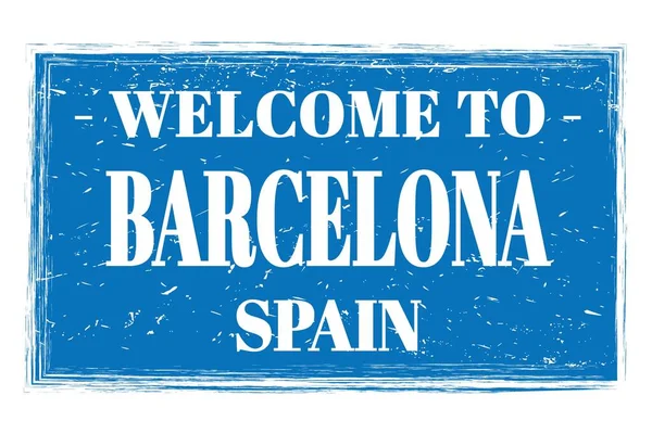 Willkommen Barcelona Spanien Worte Auf Blauer Rechteck Briefmarke — Stockfoto