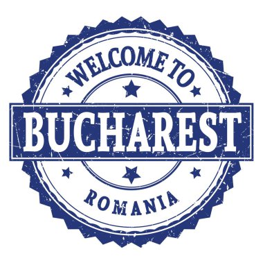BUCHAREST 'a Hoşgeldiniz - ROMANIA, mavi yuvarlak zig zag damgası üzerine yazılmış kelimeler