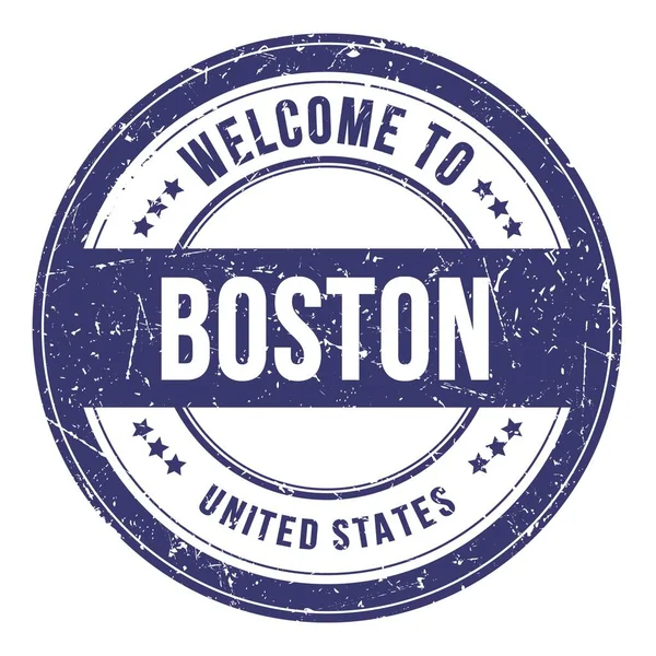 Bem Vindo Boston Estados Unidos Palavras Escritas Carimbo Moeda Azul — Fotografia de Stock