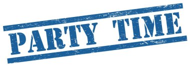 Mavi grungy dikdörtgen vintage damgalı parti zamanı metni.