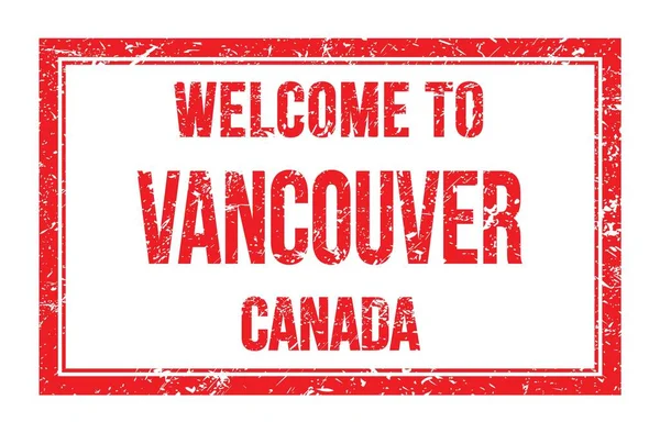 Vancouver Hoşgeldiniz Kanada Kırmızı Dikdörtgen Posta Pulu Üzerine Yazılmış Kelimeler — Stok fotoğraf