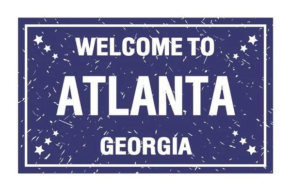 Vítejte Atlanty Georgia Slova Napsaná Modrém Obdélníkovém Znaku — Stock fotografie