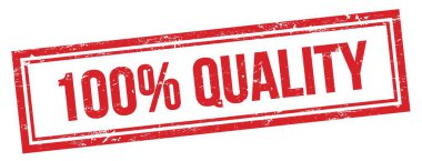 100% QUALITY text on red grungy vintage rectangle stamp.