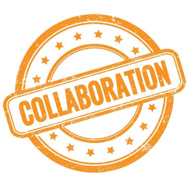 COLLABORATION text on orange vintage grungy round rubber stamp.