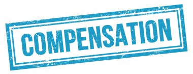 COMPENSATION text on blue grungy vintage rectangle stamp.