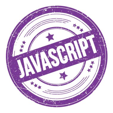 JAVASCRIPT text on violet indigo round grungy texture stamp.