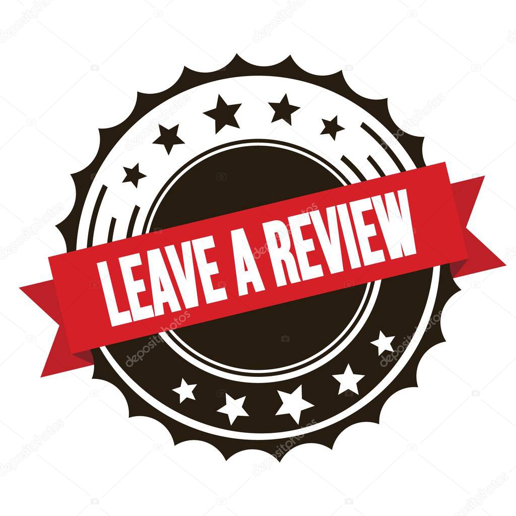LEAVE A REVIEW text on red brown ribbon badge stamp.