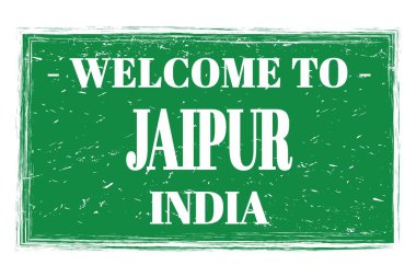 JAIPUR 'a Hoşgeldiniz - INDIA, Yeşil dikdörtgen posta damgası üzerine yazılmış kelimeler