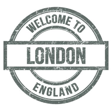 Londra 'ya hoş geldiniz. İngiltere. Gri yuvarlak pulla yazılmış kelimeler.
