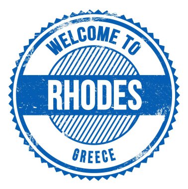 RHODES 'a Hoşgeldiniz - GREECE, Yunanca mavi zig zag damgası üzerine yazılmış kelimeler