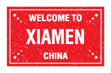XIAMEN-ÇİN 'e Hoşgeldiniz, kırmızı dikdörtgen bayrak damgası üzerine yazılmış kelimeler