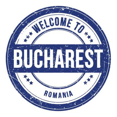 BUCHAREST 'e Hoşgeldiniz - ROMANIA, mavi yuvarlak bozuk para damgası üzerine yazılmış kelimeler