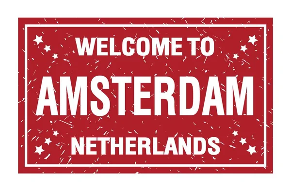 Welcome Amsterdam Niderlandy Wyrazy Napisane Znaczku Flagi Czerwonego Prostokąta — Zdjęcie stockowe