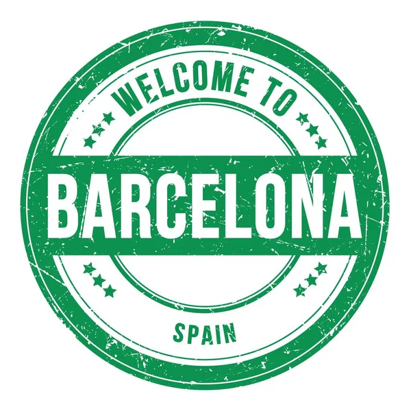 Bem Vindo Barcelona Espanha Palavras Escritas Carimbo Moeda Verde Redonda — Fotografia de Stock