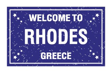 RHODES 'a Hoşgeldiniz - GREECE, koyu mavi dikdörtgen bayrak damgası üzerine yazılmış kelimeler
