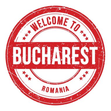 BUCHAREST 'e Hoşgeldiniz - ROMANIA, kırmızı yuvarlak bozuk para damgası üzerine yazılmış kelimeler