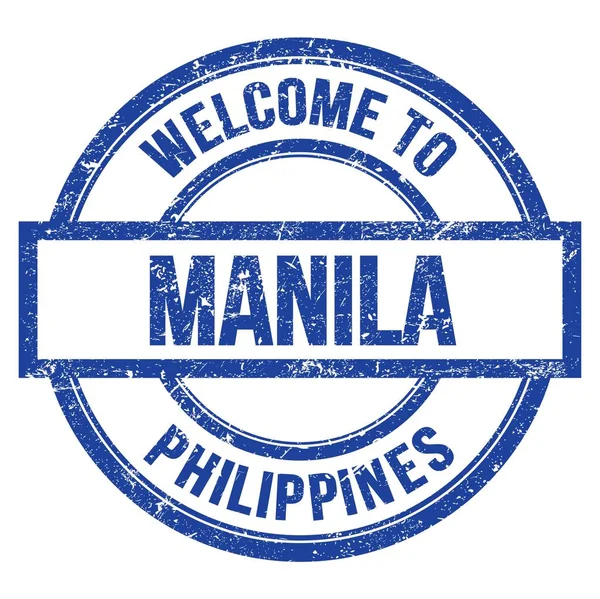 Велькомі Манілі Філіппіни Слова Написані Синіх Круглих Простих Марках — стокове фото