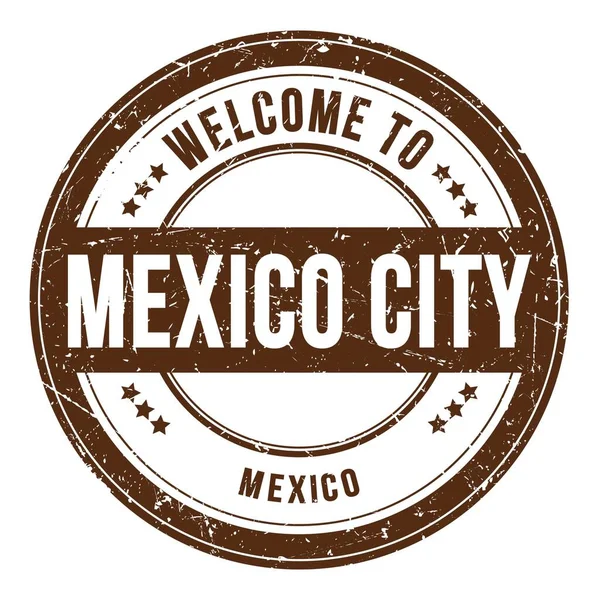 欢迎来到墨西哥城 墨西哥城 写在棕色圆形邮票上的字 — 图库照片