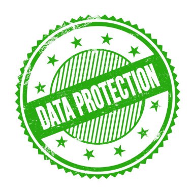 DATA PROTECTION metni yeşil grungy zig zag kenarlıkları yuvarlak pul üzerine yazılmış.