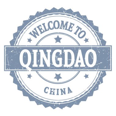 QINGDAO-ÇİN 'a hoş geldiniz, gri yuvarlak zig zag damgası üzerine yazılmış kelimeler.