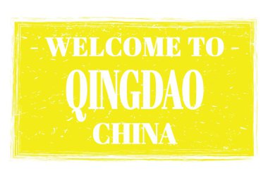 QINGDAO-ÇİN 'a Hoş Geldiniz, Sarı dikdörtgen posta pulunda yazılı kelimeler