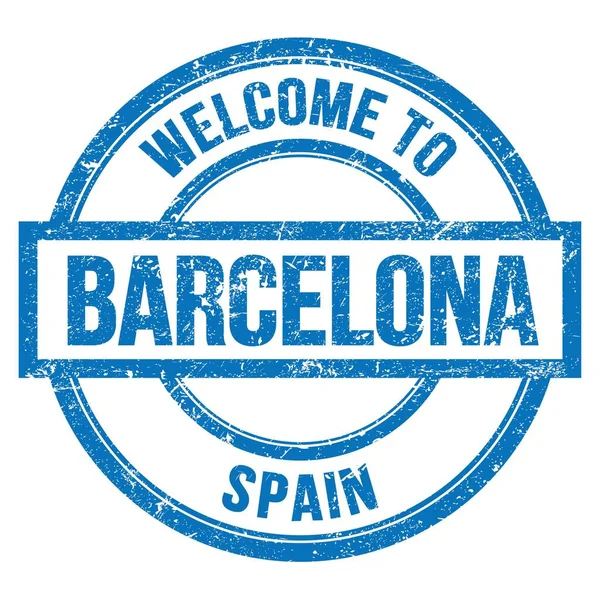 Welkom Naar Barcelona Spanje Woorden Geschreven Blauwe Ronde Eenvoudige Stempel — Stockfoto