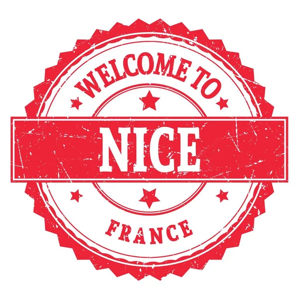 Welcome Nice Francja Napis Czerwonym Okrągłym Znaczku Zygzakowym — Zdjęcie stockowe