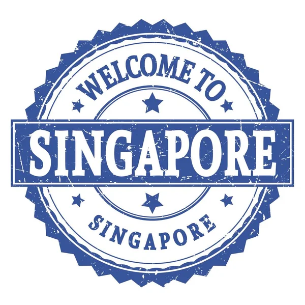 파란색둥근 지그재그 우표에 단어들 생나라 싱가포르에 사람들 — 스톡 사진
