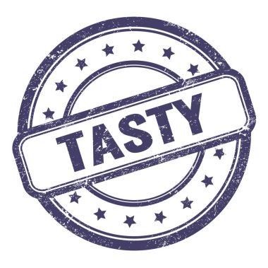 Çivit mavisi, pasaklı, eski, yuvarlak kauçuk damga üzerine lezzet metni.