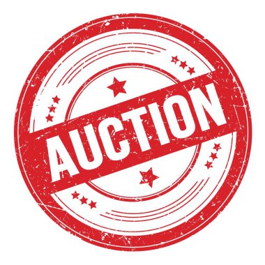 Kırmızı yuvarlak grungy doku damgası üzerine açık artırma metni.