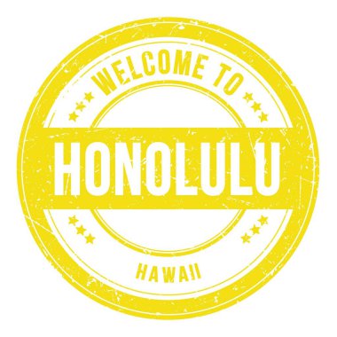 HONOLULU 'ya Hoşgeldiniz - HAWAII, sarı yuvarlak bozuk para damgası üzerine yazılmış kelimeler