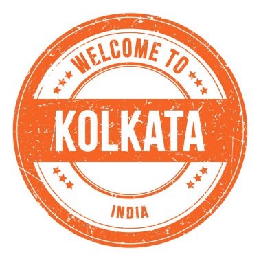 KOLKATA 'ya Hoşgeldiniz - Hindistan, turuncu yuvarlak bozuk para damgası üzerine yazılmış kelimeler