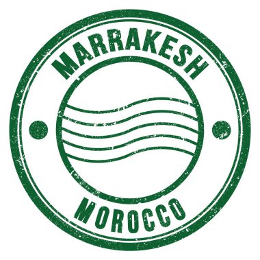 MARRAKESH - MOROCCO, yeşil yuvarlak posta damgası üzerine yazılmış kelimeler