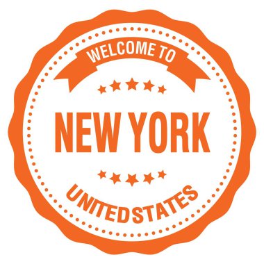 New York 'a Hoşgeldiniz - Birleşik Devletler, turuncu yuvarlak rozet damgası üzerine yazılmış kelimeler
