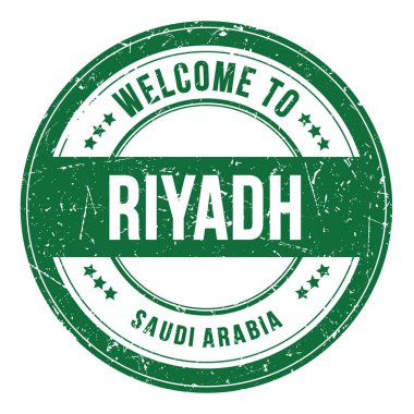 RIYADH 'e Hoşgeldiniz - SAUDI ARABIA, yeşil yuvarlak bozuk para damgası üzerine yazılmış kelimeler