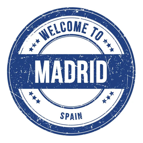 Vítejte Madrid Španělsko Slova Napsaná Modrém Kulatém Razítku — Stock fotografie