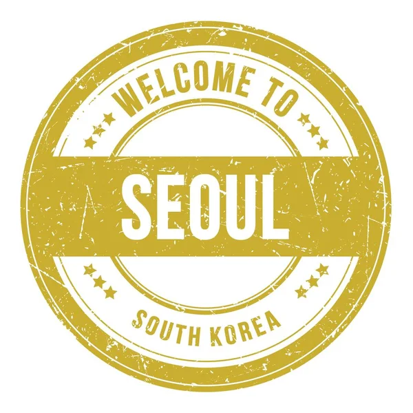 Bem Vindo Seoul Coreia Sul Palavras Escritas Carimbo Moeda Amarela — Fotografia de Stock